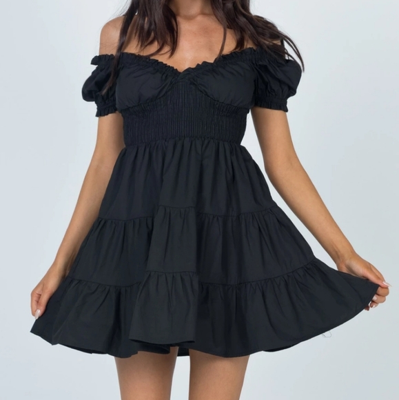 Princess Polly Black Daniela Cotton Cottagecore Tiered Fit & Flare Mini Dress 6 - Picture 2 of 11